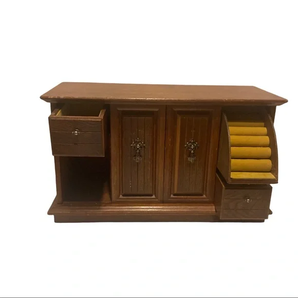 Large Vintage Wooden Double Sliding Doors Jewelry Box!